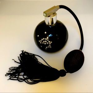 Vintage black glass perfume atomizer long tassel and rhinestones elegant